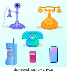 Antique telephones. Development of communication facilities. Outdated communication means. Phone history. New technologies, modern smartphone.