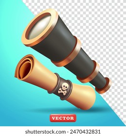 Antique telescope binoculars and pirate map scroll, 3d vector, suitable for games and design elements