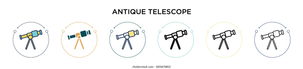 Antique telescope icon in filled, thin line, outline and stroke style. Vector illustration of two colored and black antique telescope vector icons designs can be used for mobile, ui, web