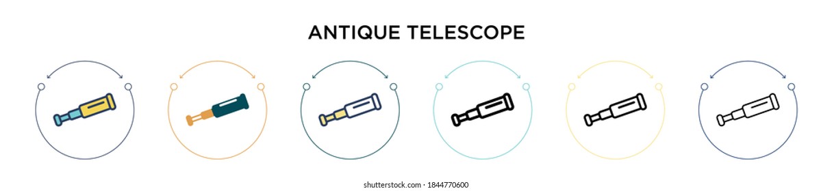 Antique telescope icon in filled, thin line, outline and stroke style. Vector illustration of two colored and black antique telescope vector icons designs can be used for mobile, ui, web