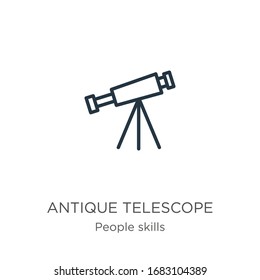 Icono del telescopio antiguo. Icono de contorno de telescopio lineal delgado aislado en fondo blanco de la colección de habilidades de la gente. Signo vectorial de línea, símbolo para web y móvil