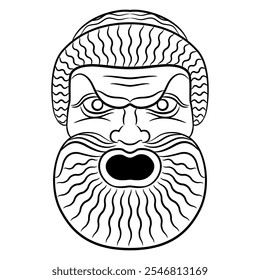 Antique theater mask of a bearded man with open mouth. Ancient Roman design. Black and white linear silhouette.