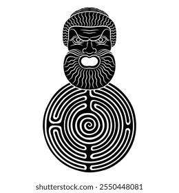 Antique theater mask of a bearded man with open mouth and a round spiral maze or labyrinth symbol. Black and white silhouette.