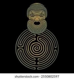 Antique theater mask of a bearded man with open mouth and a round spiral maze or labyrinth symbol. Creative concept. Mystery of ancient culture.