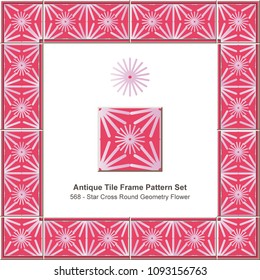 Antique tile frame pattern set red star cross round geometry flower, ceramic decoration template for greeting card design.