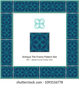 Antique tile frame pattern set spiral curve cross vine kaleidoscope, ceramic decoration template for greeting card design.