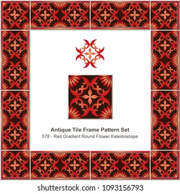 Antique tile frame pattern set gradient red round cross flower kaleidoscope, ceramic decoration template for greeting card design.