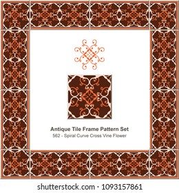 Antique tile frame pattern set spiral curve cross vine flower kaleidoscope, ceramic decoration template for greeting card design.