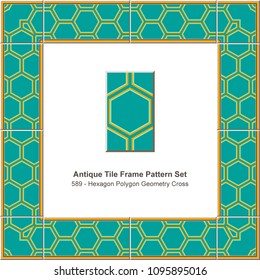 Antique tile frame pattern set hexagon polygon geometry cross, ceramic decoration template for greeting card design.