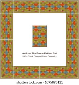 Antique tile frame pattern set check diamond cross geometry, ceramic decoration template for greeting card design.