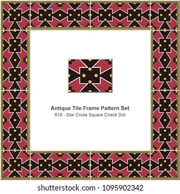 Antique tile frame pattern set star cross square check geometry dot, ceramic decoration template for greeting card design.