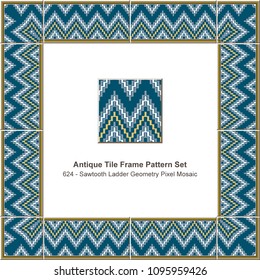 Antique tile frame pattern set sawtooth ladder geometry pixel mosaic, ceramic decoration template for greeting card design.