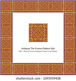 Antique tile frame pattern set round curve square cross line flower, ceramic decoration template for greeting card design.