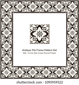 Antique tile frame pattern set curve star cross round flower, ceramic decoration template for greeting card design.