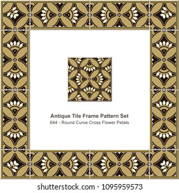 Antique tile frame pattern set round curve cross flower petals, ceramic decoration template for greeting card design.
