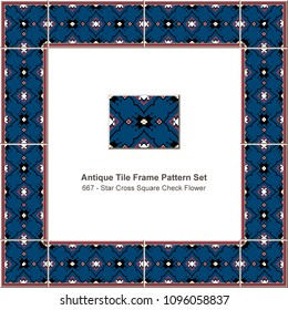 Antique tile frame pattern set star cross square check flower, ceramic decoration template for greeting card design.