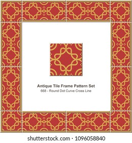 Antique tile frame pattern set golden round dot curve cross line, ceramic decoration template for greeting card design.