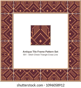 Antique tile frame pattern set aboriginal stitch check triangle cross line, ceramic decoration template for greeting card design.