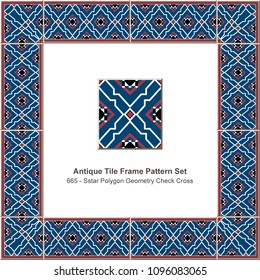 Antique tile frame pattern set star polygon geometry check cross line, ceramic decoration template for greeting card design.