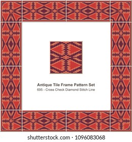 Antique tile frame pattern set aboriginal cross check diamond stitch line, ceramic decoration template for greeting card design.
