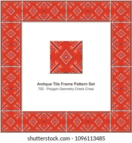 Antique tile frame pattern set polygon geometry check cross, ceramic decoration template for greeting card design.