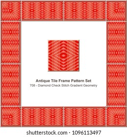Antique tile frame pattern set red gradient diamond check stitch cross, ceramic decoration template for greeting card design.