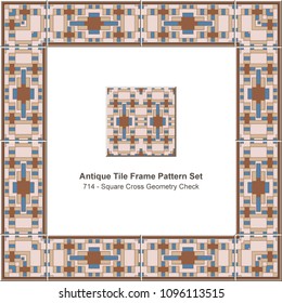 Antique tile frame pattern set square cross geometry check, ceramic decoration template for greeting card design.