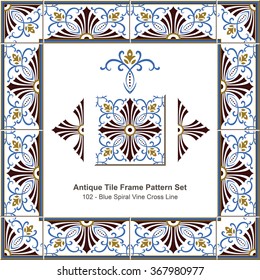 Antique tile frame pattern set Blue Spiral Vine Cross Line
