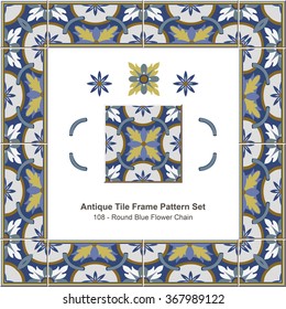 Antique tile frame pattern set Round Blue Flower Chain