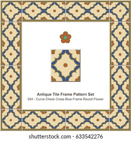 Antique tile frame pattern set Curve Check Cross Blue Frame Round Flower