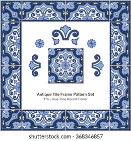 Antique tile frame pattern set_116 Blue Tone Round Flower