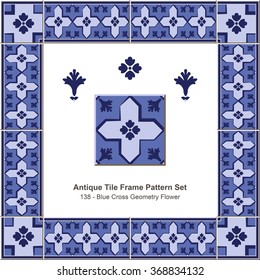 Antique tile frame pattern set_138 Blue Cross Geometry Flower