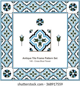 Antique tile frame pattern set_146 Cross Blue Flower