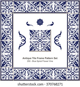 Antique tile frame pattern set_250 Blue Spiral Flower Vine
