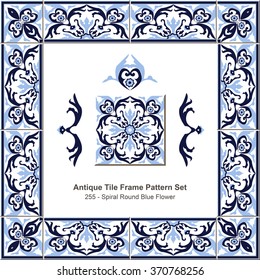 Antique tile frame pattern set_255 Spiral Round Blue Flower
