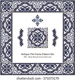 Antique tile frame pattern set_263 Blue Round Curve Dot Line
