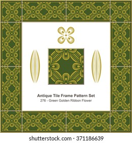 Antique tile frame pattern set_276 Green Golden Ribbon Flower