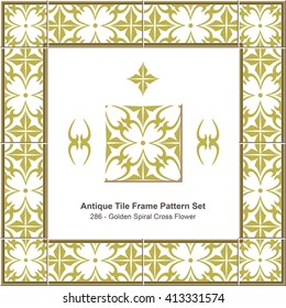 Antique tile frame pattern set_286 Golden Spiral Cross Flower
