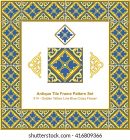 Antique tile frame pattern set_314 Golden Yellow Line Blue Cross Flower
