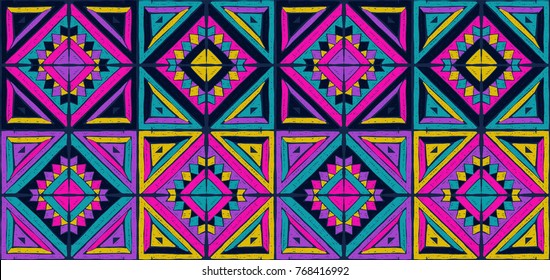 Antique tiles. Tribal vector ornament. Seamless African folk square pattern. Geometric mosaic, majolica. Ethnic carpet. Aztec style. Vintage patchwork fabric. Ancient interior. Geo print on textile.
