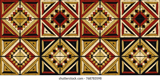 Antique tiles. Tribal vector ornament. Seamless African folk square pattern. Geometric mosaic, majolica. Ethnic carpet. Aztec style. Vintage patchwork fabric. Ancient interior. Geo print on textile.