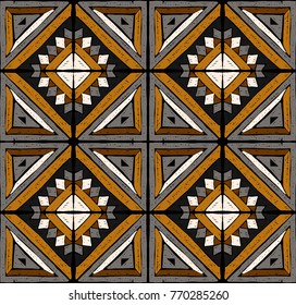 Antique tiles. Tribal vector ornament. Seamless African folk square pattern. Geometric mosaic, majolica. Ethnic carpet. Aztec style. Vintage patchwork fabric. Ancient interior. Geo print on textile.