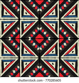 Antique tiles. Tribal vector ornament. Seamless African folk square pattern. Geometric mosaic, majolica. Ethnic carpet. Aztec style. Vintage patchwork fabric. Ancient interior. Geo print on textile.
