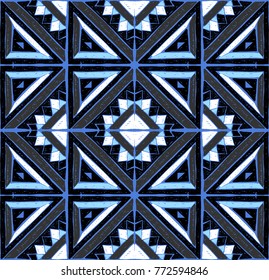 Antique tiles. Tribal vector ornament. Seamless African folk square pattern. Geometric mosaic, majolica. Ethnic carpet. Aztec style. Vintage patchwork fabric. Ancient interior. Geo print on textile.
