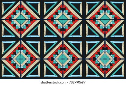 Antique tiles. Tribal vector ornament. Seamless African folk square pattern. Geometric mosaic, majolica. Ethnic carpet. Aztec style. Vintage patchwork fabric. Ancient interior. Geo print on textile. 

