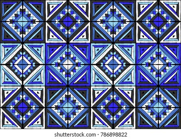 Antique tiles. Tribal vector ornament. Seamless African folk square pattern. Geometric mosaic, majolica. Ethnic carpet. Aztec style. Vintage patchwork fabric. Ancient interior. Geo print on textile. 