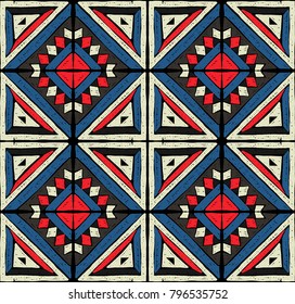 Antique tiles. Tribal vector ornament. Seamless African folk square pattern. Geometric mosaic, majolica. Ethnic carpet. Aztec style. Vintage patchwork fabric. Ancient interior. Geo print on textile. 