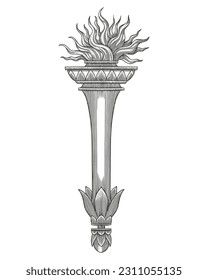 Antique torch with burning flame. hand drawing vintage engraving style. Vector illustration.