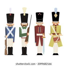 Antique toy set of vintage tin soldier childhood with old texture, classical cute military traditional character vector illustration. Vector set, isolated elements on white background.