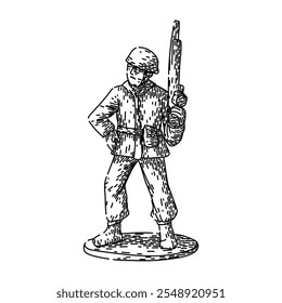 antique toy soldier hand drawn. rare miniature, lead plastic, army military antique toy soldier vector sketch. isolated black illustration